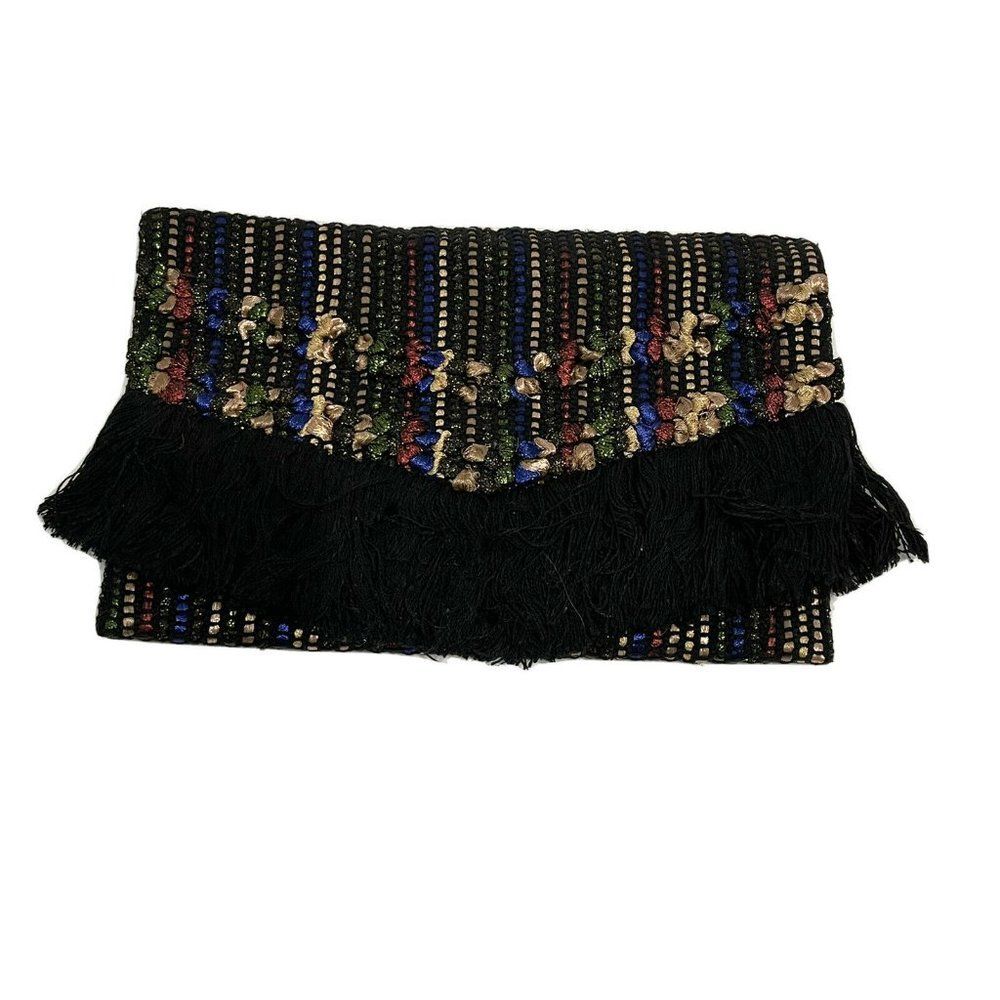 Stella & Dot TAJ Multicolor Metallic Woven/Fringe Trim Envelope Clutch Bag BOHO